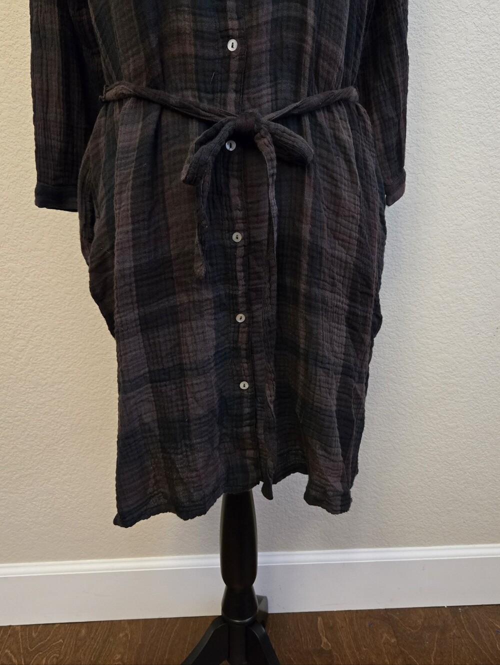 Michael Stars Cotton Polly Ballon Sleeve Shirt Dress Sz XL Plaid Tie At Waist - Picture 4 of 11